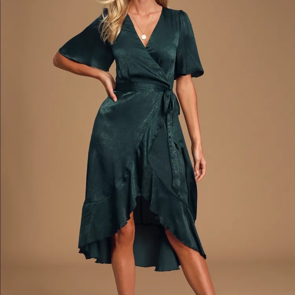 Lulus Wrapped Up in Love Dark Green Midi Dress